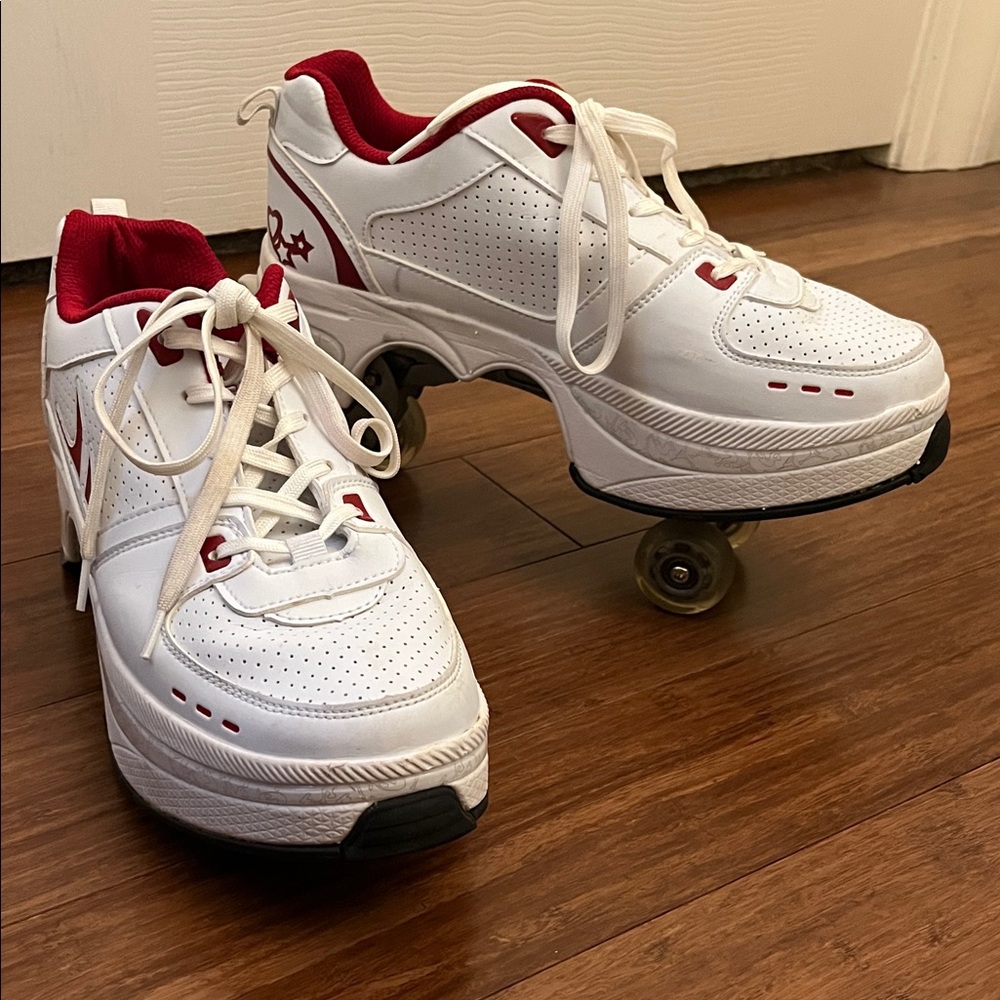 White and Red Athletic Transforming Sneakers and Roller Skates